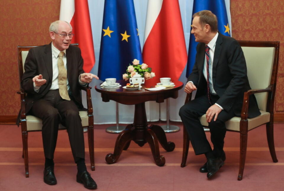 Premier Donald Tusk i szef Rady Europejskiej Herman Van Rompuy podczas spotkania w Warszawie. fot. PAP/Rafał Guz