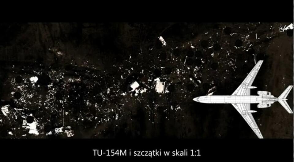 Rozrzut szczątków TU-154M w porównaniu do wielkości samolotu. Praca dr. Kazimierza Nowaczyka