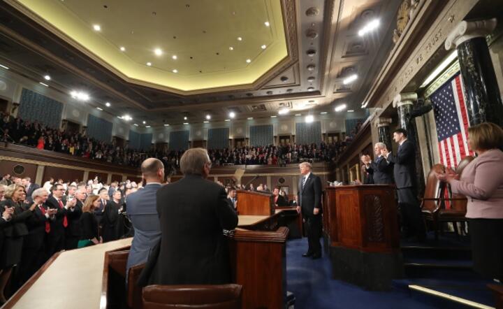 Prezydent Donald Trump na Kapitolu przed wystąpieniem, fot. PAP/EPA/Jim Lo Scalzo