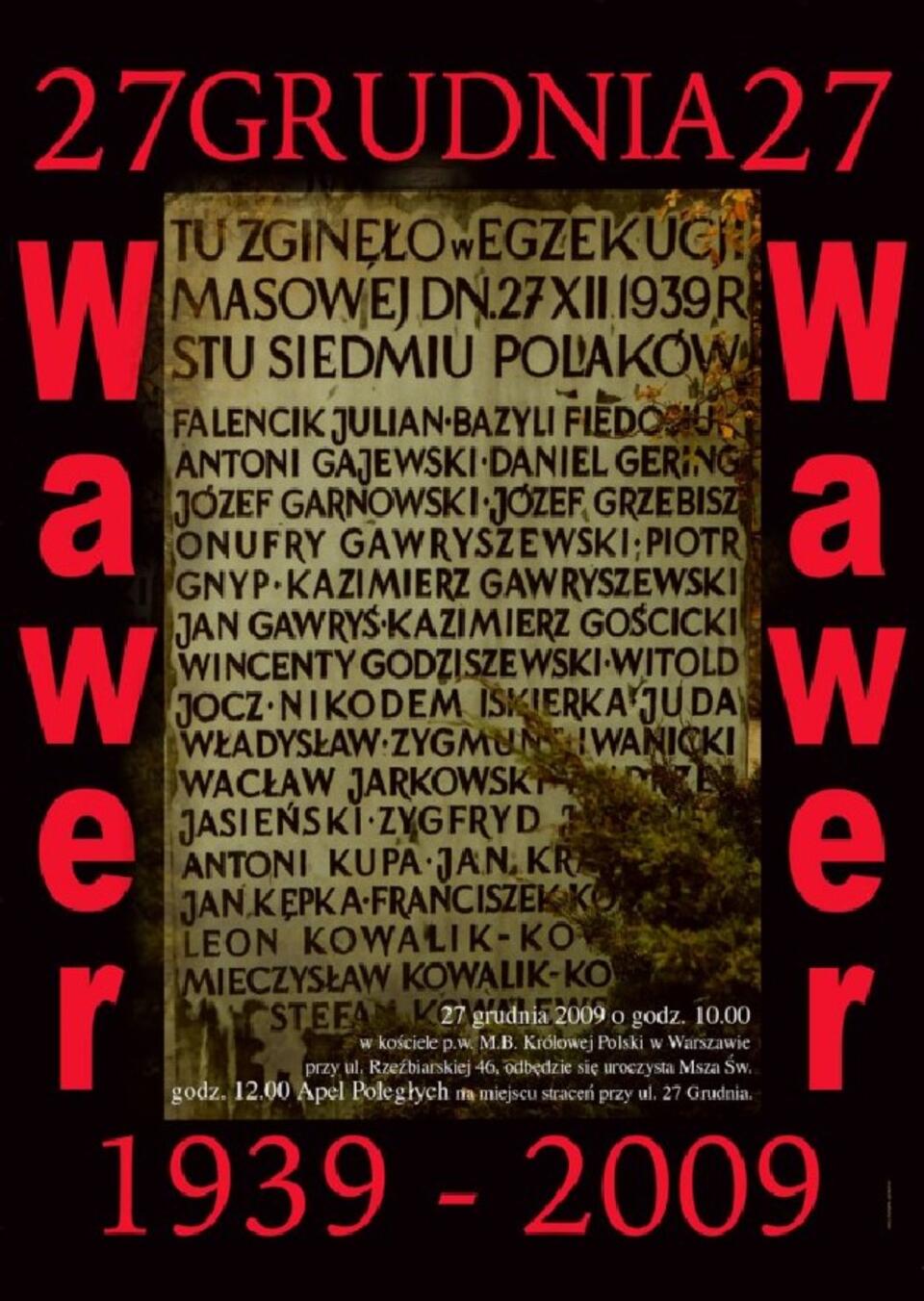 Tablica ku czci mieszkańców Wawra zamordowanych przez Niemców 27 grudnia 1939 r.