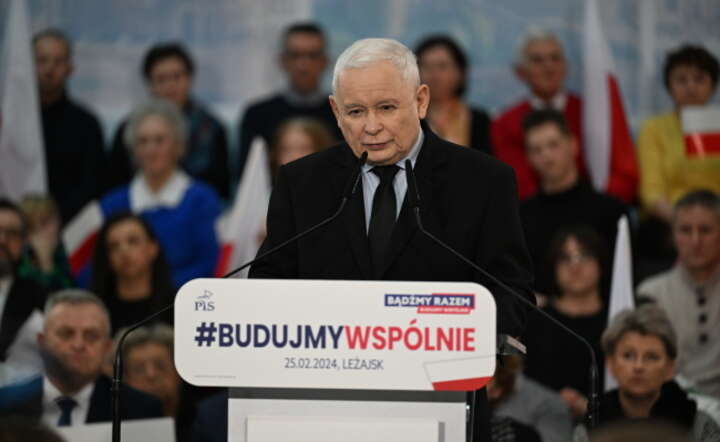Prezes PiS Jarosław Kaczyński przemawia podczas otwartego spotkania z mieszkańcami Leżajska / autor: PAP/Darek Delmanowicz