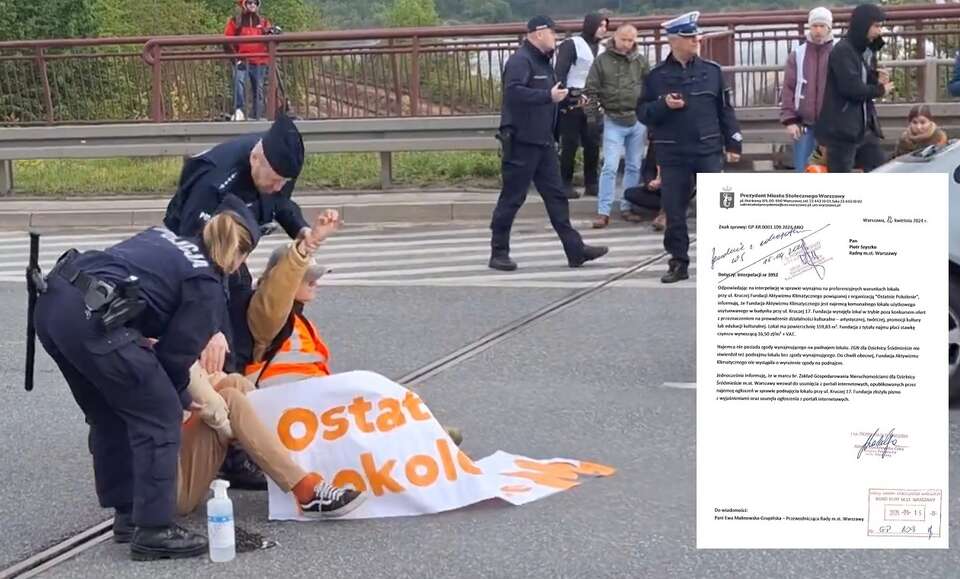 Policjanci ściągają z asfaltu aktywistów "Ostatniego Pokolenia" blokujących most / autor: Fratria