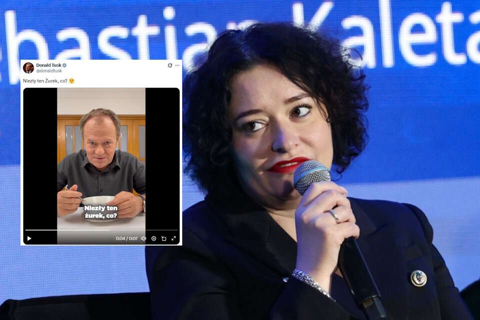 Donald Tusk jedzący na nagraniu żurek / Anna Maria Żukowska podczas forum w Krynicy-Zdrój / autor: PAP/Grzegorz Momot, X/Donald Tusk (screen)