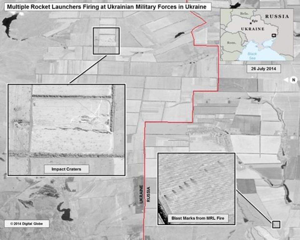 21 lipca. Miejsca, z których wystrzeliwano rakiety po rosyjskiej stronie granicy i cele po ukraińskiej. Fot. Deprtament Stanu USA