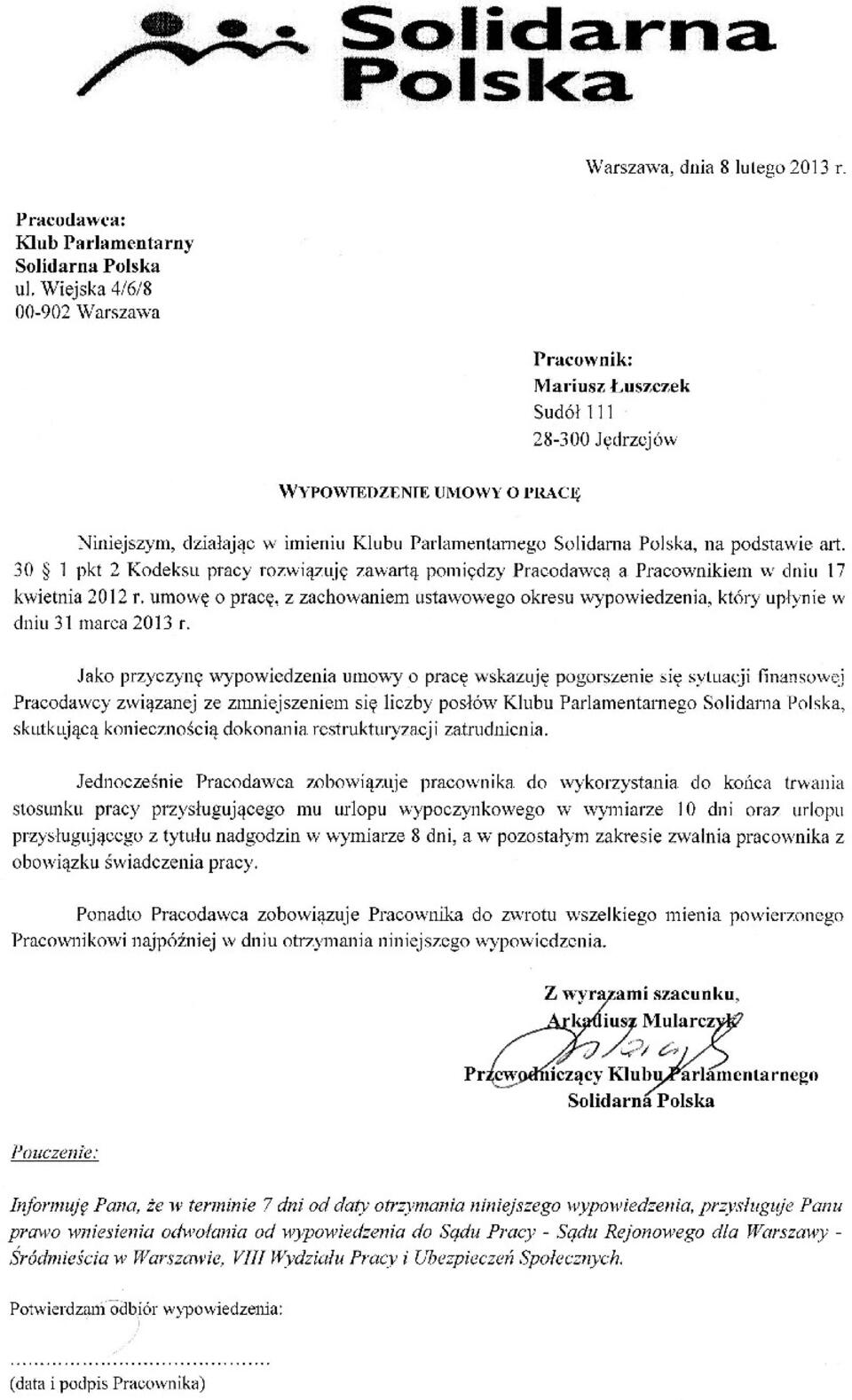Wypowiedzenie umowy o pracę międxzy Solidarną Polską a Mariuszem Łuszczkiem udostępnione nam przez zainteresowanego.