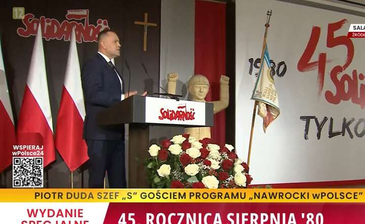 Prezydent Karol Nawrocki przemawia w Sali BHP Stoczni Gdańskiej / autor: @wPolsce24 - screen