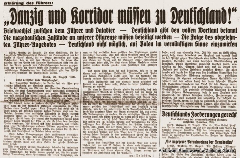 28 sierpnia 1939 r. "Gdańsk i Korytarz muszą należeć do Niemiec"