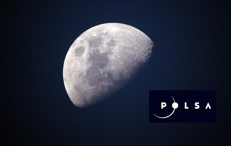 zdj. ilustracyjne Księżyca oraz logo Polskiej Agencji Kosmicznej (POLSA) / autor: Pixabay/polsa.gov.pl