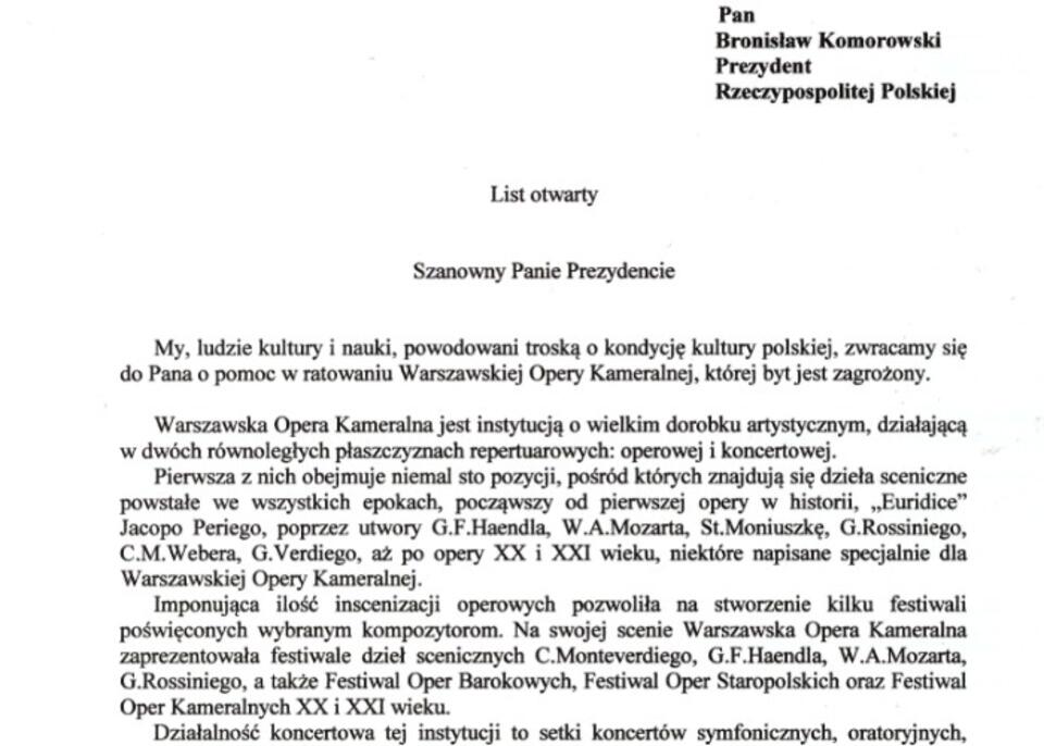 List do prezydenta w sprawie Warszawskiej Opery Kameralnej