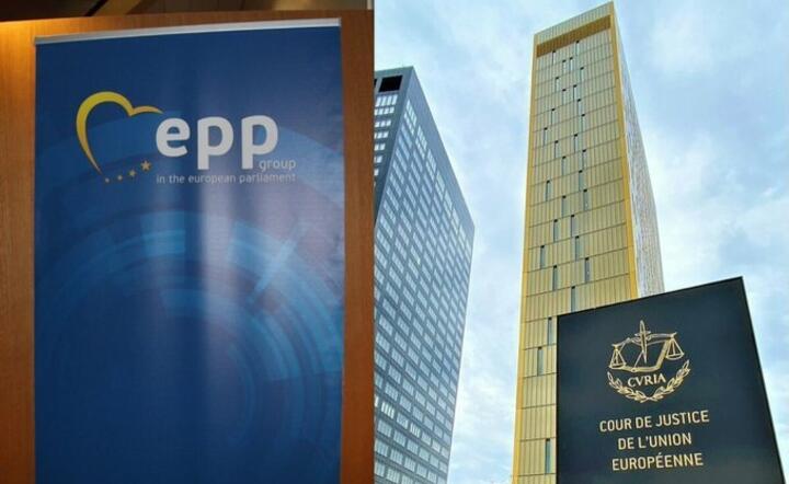 logo Europejskiej Partii Ludowej (ang. EPP) i siedziba TSUE / autor: MB/Twitter