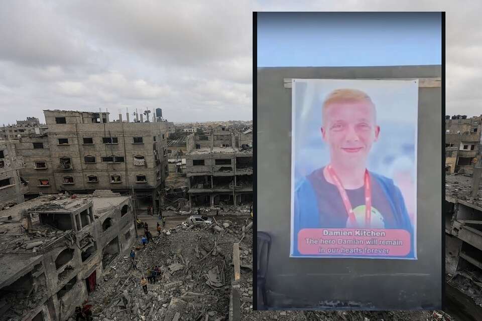 W tle zniszczenia w Strefie Gazy / autor: PAP/EPA; YouTube/linda roth