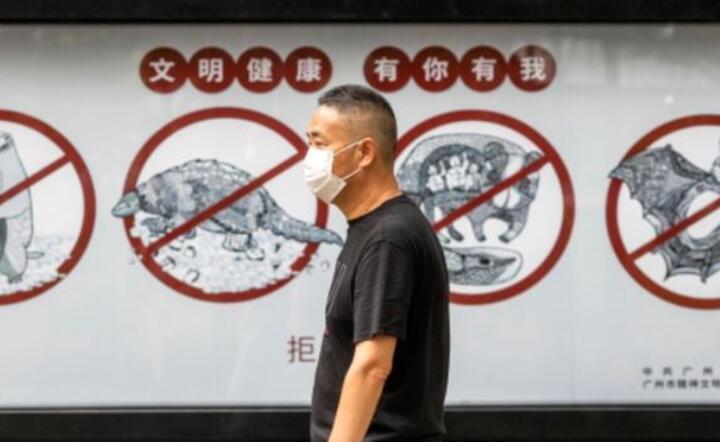 Mężczyzna obok plakatu ostrzegającego ludzi, że spożywanie dzikich zwierząt jest nielegalne, w prowincji Guangdong, Chiny, 25 maja 2020 r. / autor: PAP/EPA/ALEX PLAVEVSKI
