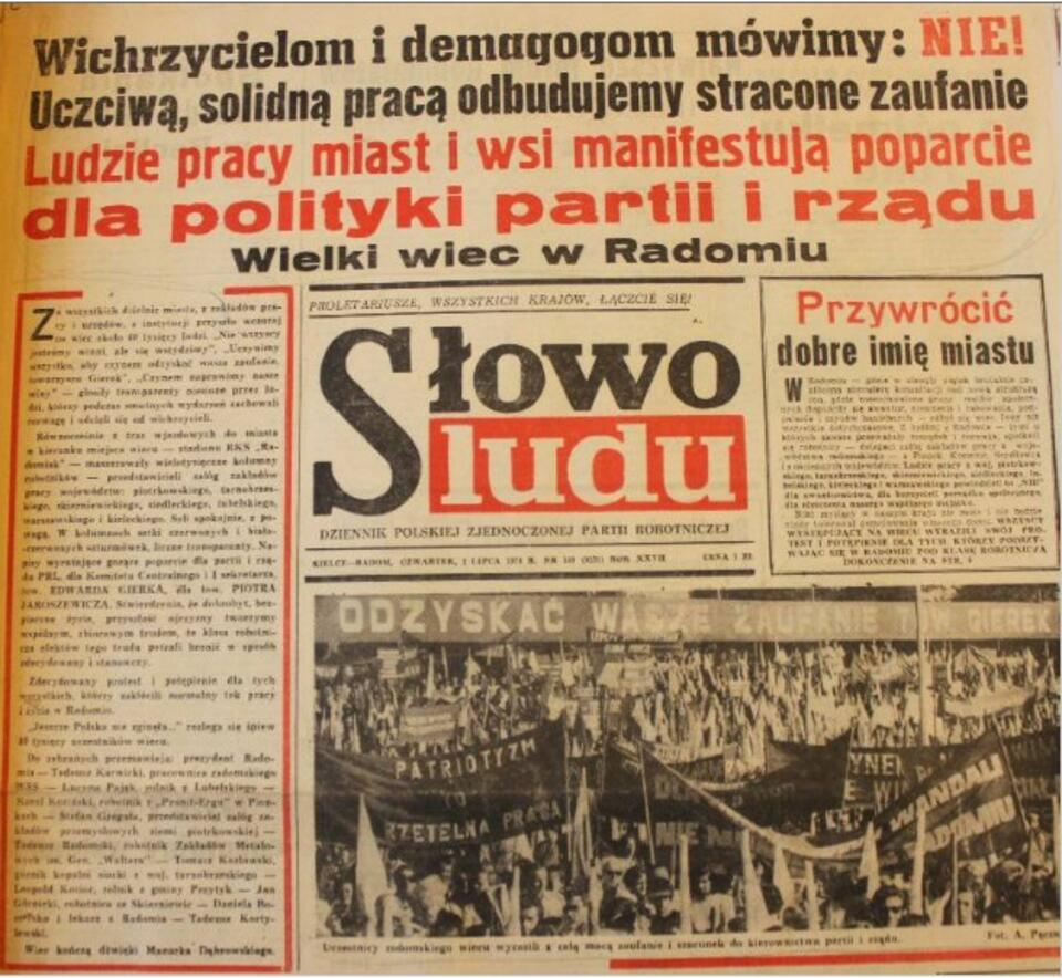 Nagłówek prasowy z okresu po spacyfikowaniu robotniczych buntów w Radomiu, Ursusie i Płocku. 