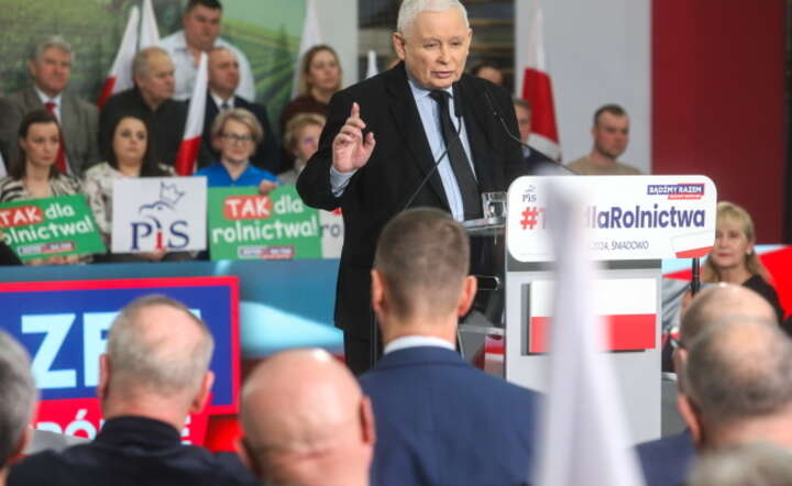 Prezes PiS Jarosław Kaczyński (C) przemawia podczas spotkania z mieszkańcami Śniadowa / autor: PAP/Artur Reszko