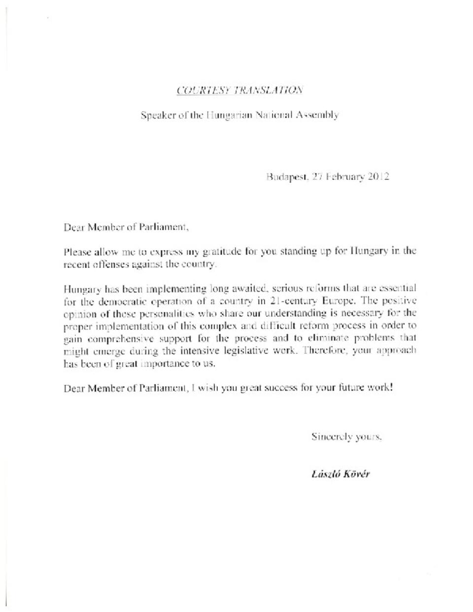 List przewodniczącego węgierskiego parlamentu do posła Krzysztofa Szczerskiego 