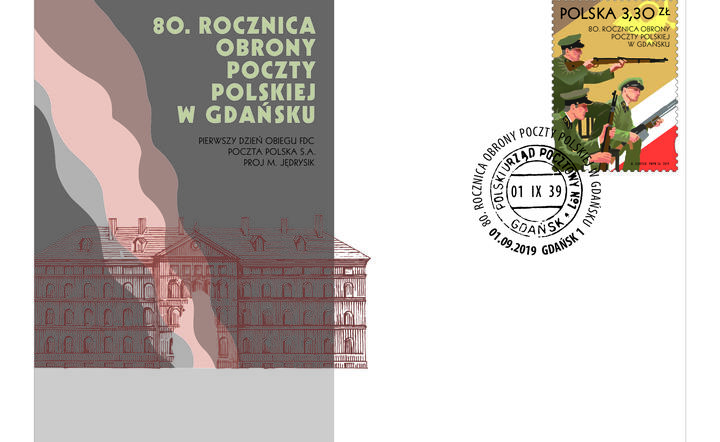 Okolicznościowy znaczek, koperta i stempel: 80. rocznica obrony Poczty Polskiej w Gdańsku / autor: materiały Poczty Polskiej