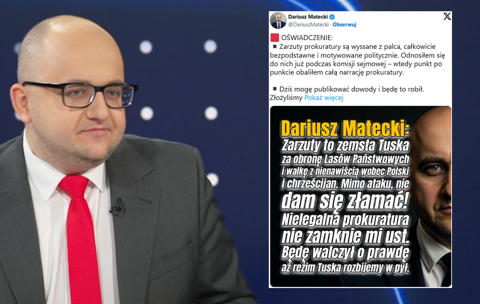 Poseł PiS Dariusz Matecki wystosował oświadczenie po tym, gdy neo-Prokuratura Krajowa skierowała wobec niego akt oskarżenia dot. śledztwa ws. Funduszu Sprawiedliwości. / autor: wPolsce24/X