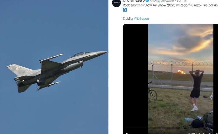 Moment katastrofy na lotnisku w Radomiu. Nz. z lewej myśliwiec F-16 polskich sił lotniczych. ZDJĘCIE ILUSTRACYJNE / autor: Pixabay / X @OficjalneZero - screen