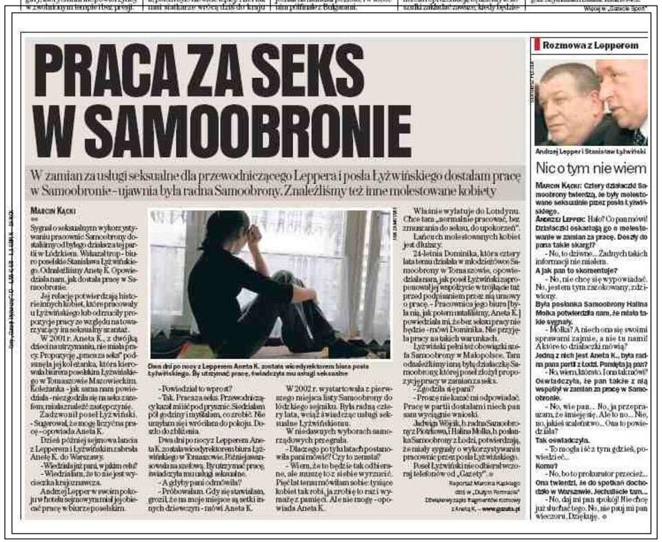 Pierwszy tekst "Gazety Wyborczej" na temat seksafery w Samoobronie. Fot. wPolityce.pl