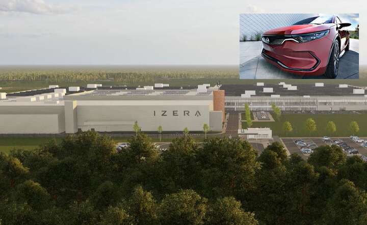 Wizualizacja fabryki Izery w Jaworznie / Widok prototypu Izery z 2022 r. / autor: materiały prasowe x 2