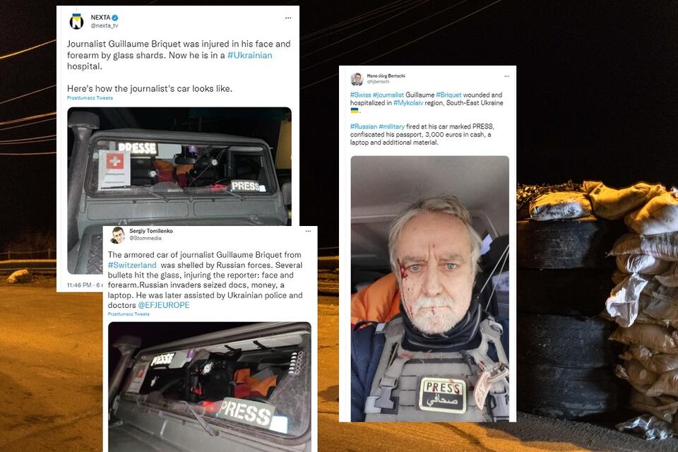 W tle zdjęcie ilustracyjne z Ukrainy; w miniaturze zdjęcia rannego reportera i zniszczonego samochodu / autor: PAP/EPA; Twitter