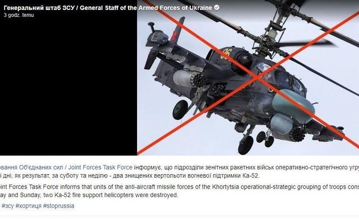 Strona profilu FB Sztabu Generalny Sił Zbrojnych Ukrainy z informacją o zniszczeniu dwóch rosyjskich śmigłowców szturmowych Ka-52 / autor: materiały prasowe / Facebook