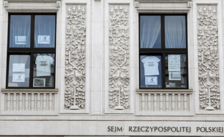 Plakaty protestujących w oknach budynku Sejmu, widok z 25 maja / autor: fot. PAP/Paweł Supernak