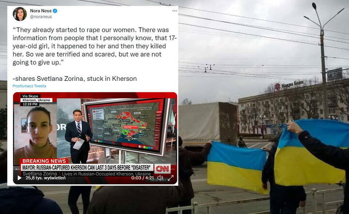 Mieszkańcy okupowanego Chersonia wyszli na ulicę z Ukraińskimi flagami / autor: screenshot Twitter Nexta
