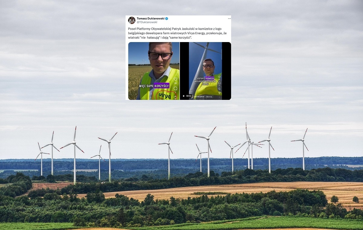 Poseł KO zachwala wiatraki w ubraniu z logo ich dewelopera!