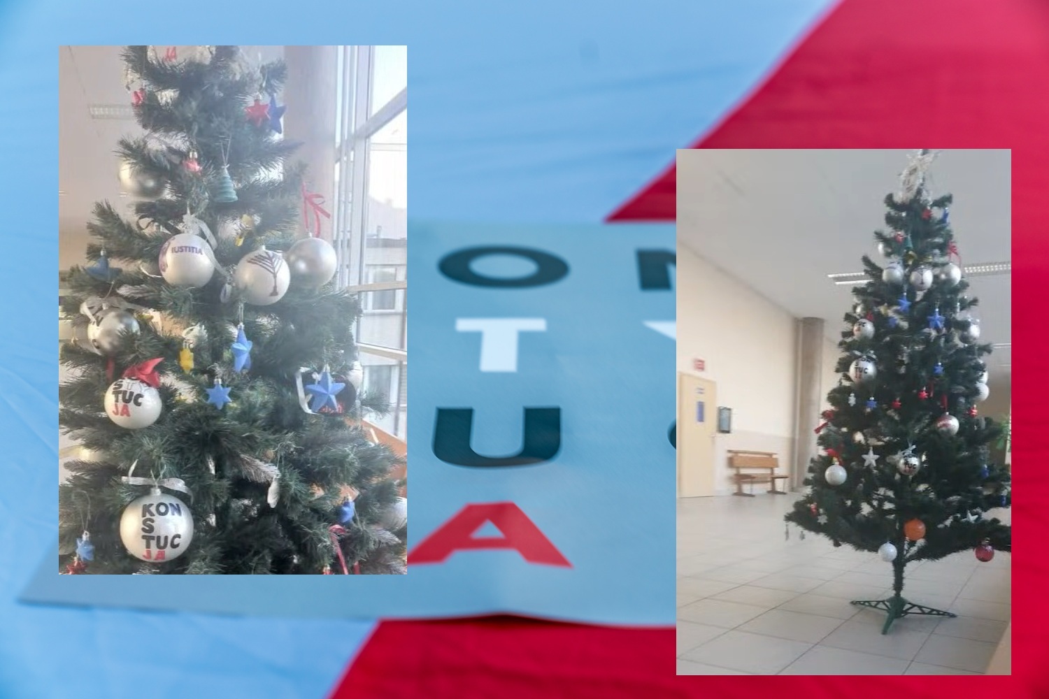 KOD grains slogans and a Hanukkah candle on the Christmas tree in the court