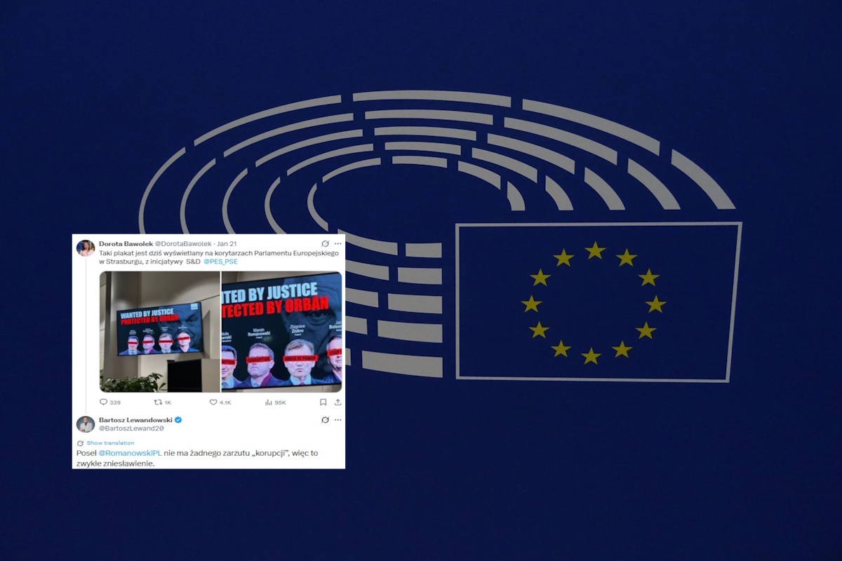 Plakaty lewicy w PE. Romanowski kłamliwie oskarżony o korupcję
