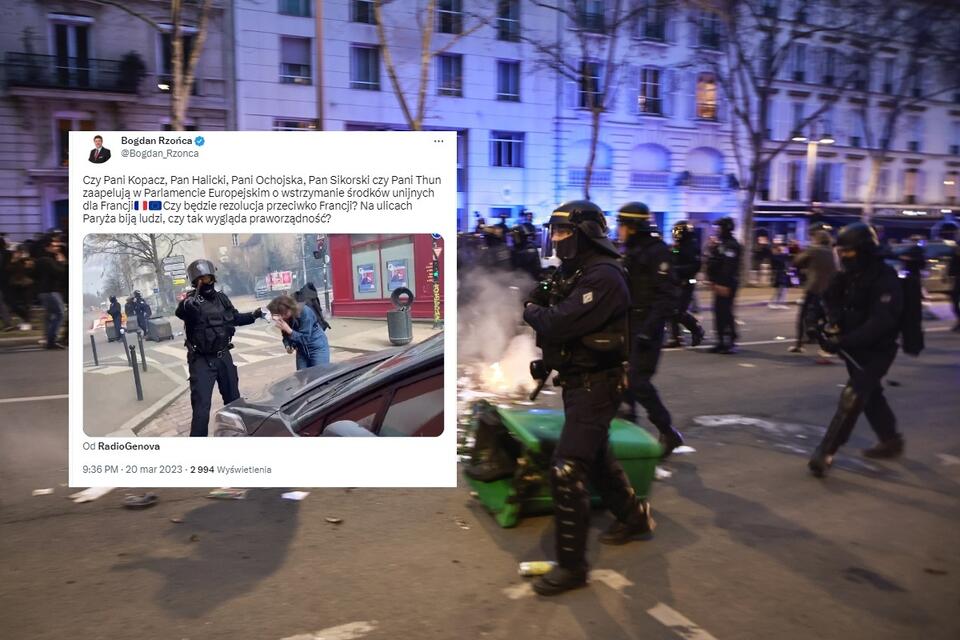 Na zdjęciu protest w Paryżu / autor: PAP/EPA; Twitter/Bogdan Rzońca