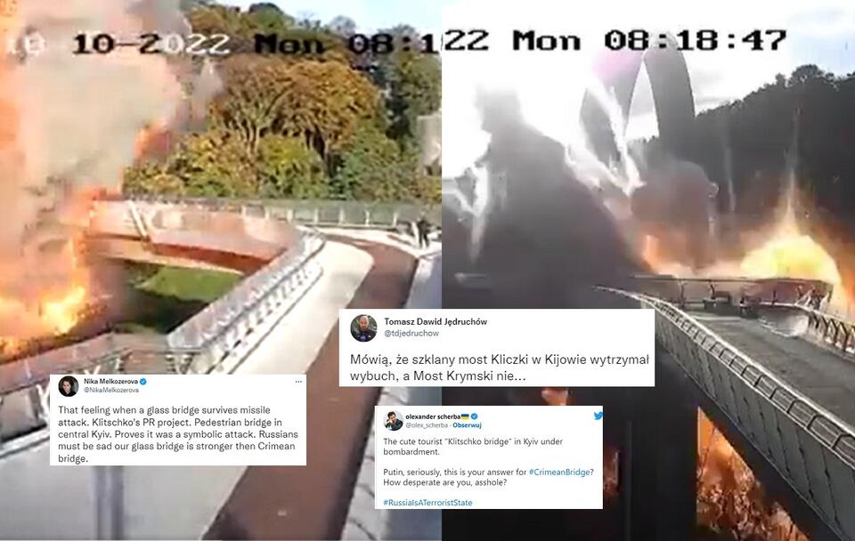 Moment wybuchu rakiety przy tzw. moście Kliczki w Kijowie / autor: Twitter
