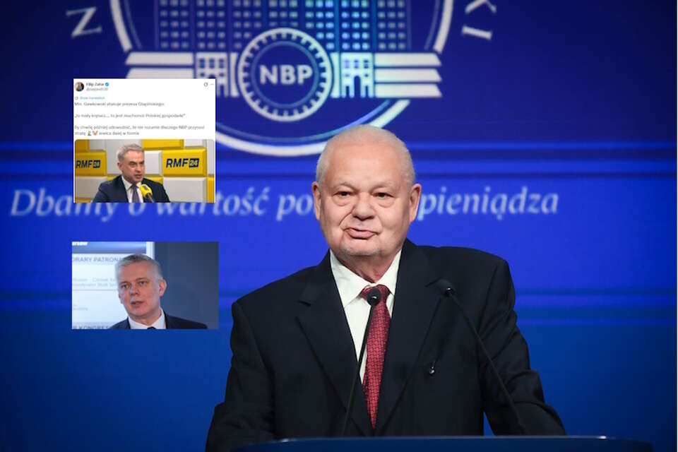 Na zdjęciu prezes NBP prof. Adam Glapiński Tomasz Siemoniak oraz wpis Filipa Zatora (screen z X) / autor: PAP/Paweł Supernak/NBP/X-Filip Zator (screen)