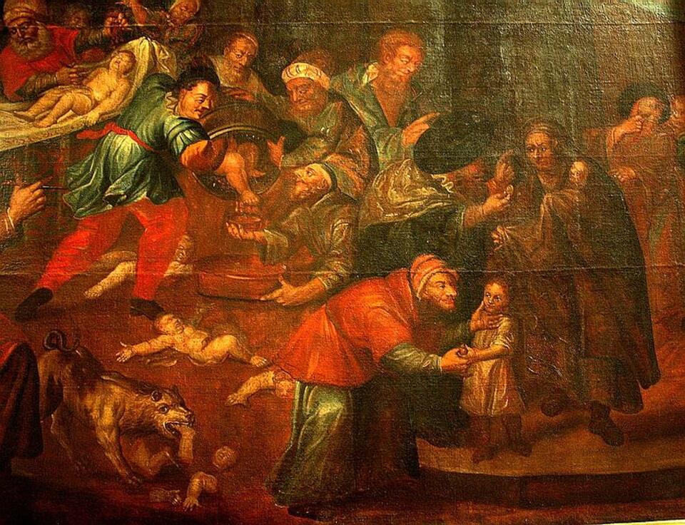 Obraz przedstawiający rzekomy mord rytualny z katedry w Sandomierzu autorstwa Karola de Prevot z XVIII wieku.
