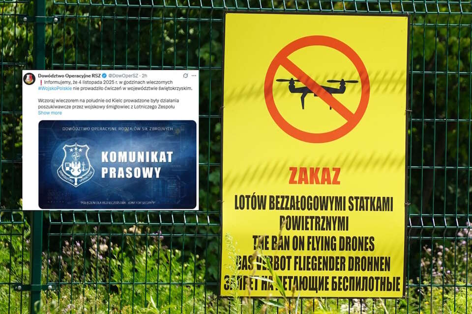 Zakaz lotów dronami / Komunikat dorsz ws. poszukiwań niezidentyfikowanego drona (screen z X) / autor: Fratria/X-Dowództwo Operacyjne RSZ (screen)