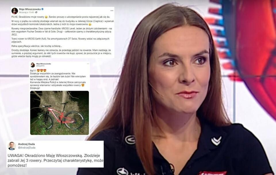 Kradzież rowerów Mai Włoszczowskiej i szczęśliwy finał / autor: YouTube/TVP Sport (screenshot); Twitter (screeny); Facebook/Maja Włoszczowska (screenshot)