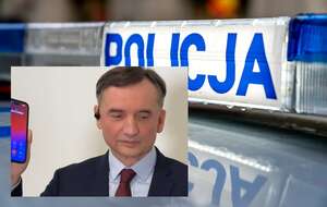 w tle zdj. ilustracyjne sygnalizacji radiowozu z napisem policja. W miniaturze Z.Ziobro dzwoni pod numer podany w liście gończym / autor: Fratria/TV Republika (screen)