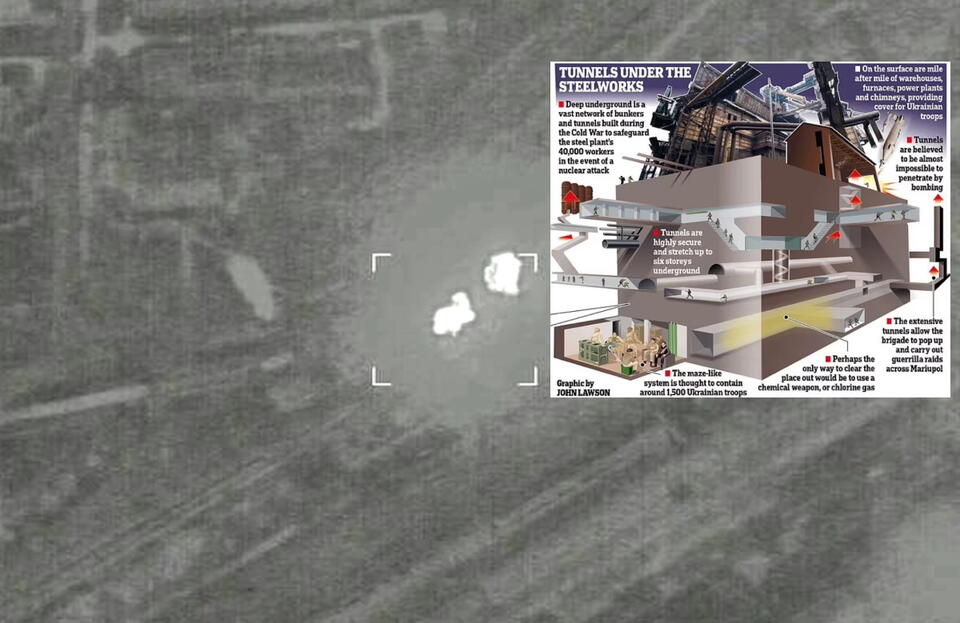 Zdjęcie informacyjne z materiału wideo udostępnionego przez służbę prasową rosyjskiego Ministerstwa Obrony pokazuje dym unoszący się z huty Azowstal podczas nalotów rosyjskich myśliwców bombowych Su-34 na Mariupol. / autor: PAP/EPA