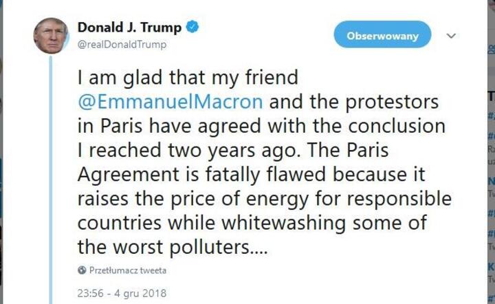 Tweet prezydenta USA Donalda Trumpa może być bolesny dla prezydenta Macrona / autor: fot. Twitter