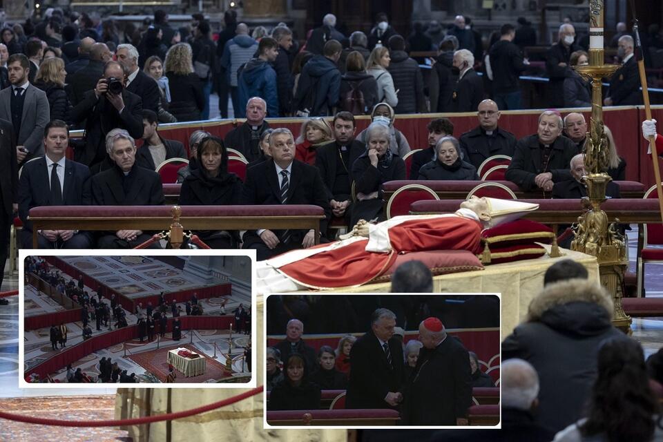 Premier Węgier Viktor Orban oddaje hołd zmarłemu Benedyktowi XVI; w miniaturze ujęcia razem z kard. Stanisławem Dziwiszem / autor: PAP/EPA; Twitter/KATH.NET