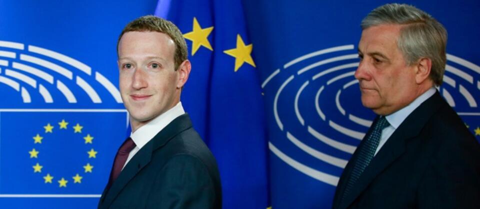 Mark Zuckerberg, szef Facebooka i Antonio Tajani, przewodniczący PE / autor: PAP/EPA/Olivier Hoslet