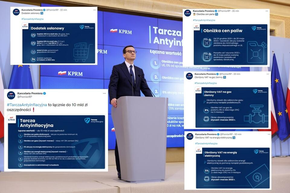 Premier Mateusz Morawiecki przedstawia rozwiązania tarczy antyinflacyjnej / autor: PAP/Leszek Szymański; Twitter/KPRM