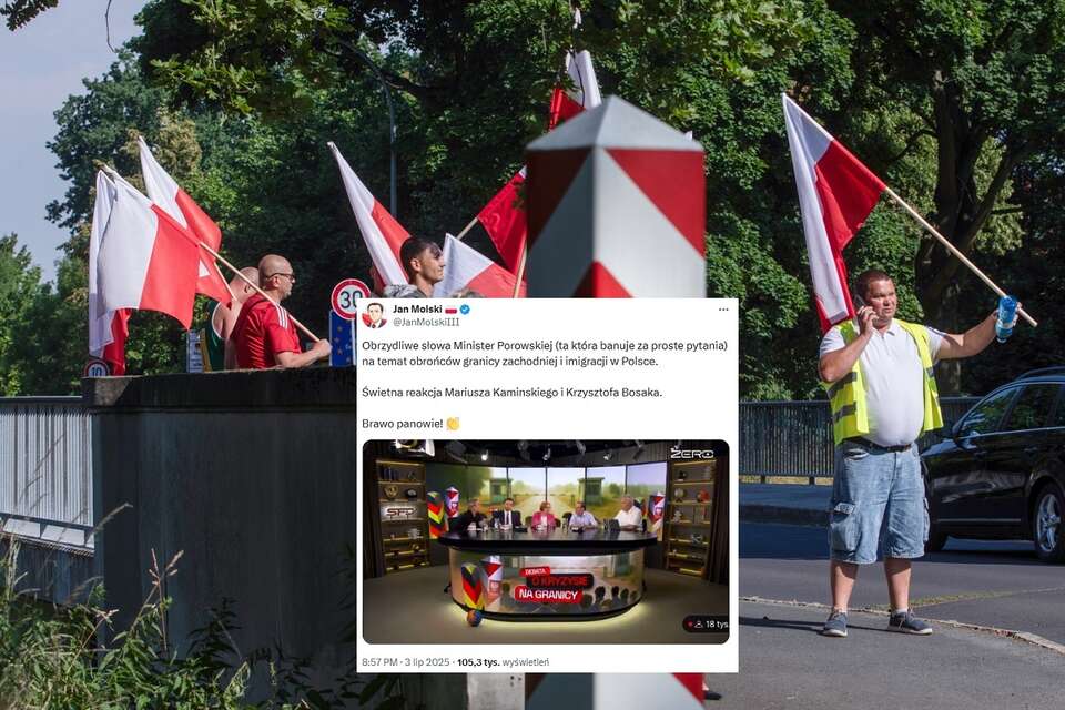 W tle Ruch Obrony Granic przy polsko-niemieckim moście granicznym nad Nysą Łużycką w okolicach Porajowa / autor: PAP/Krzysztof Ćwik, X/Jan Molski (oryg. Kanał Zero) 