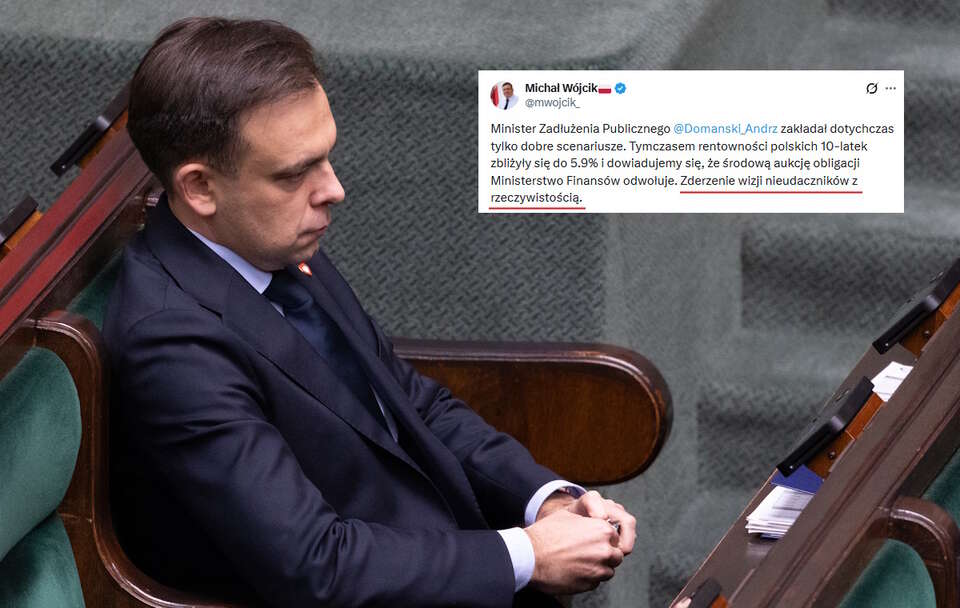 Rentowności polskich 10-latek zbliżyły się do 5.9 proc. i minister finansów Andrzej Domański musiał odwołać jutrzejszą aukcję obligacji skarbowych.  / autor: Fratria/X