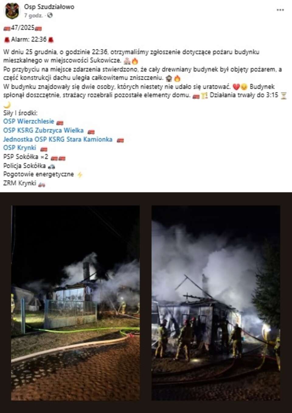 Pożar w miejscowości Sukowicze. / autor: OSP Szudziałowo