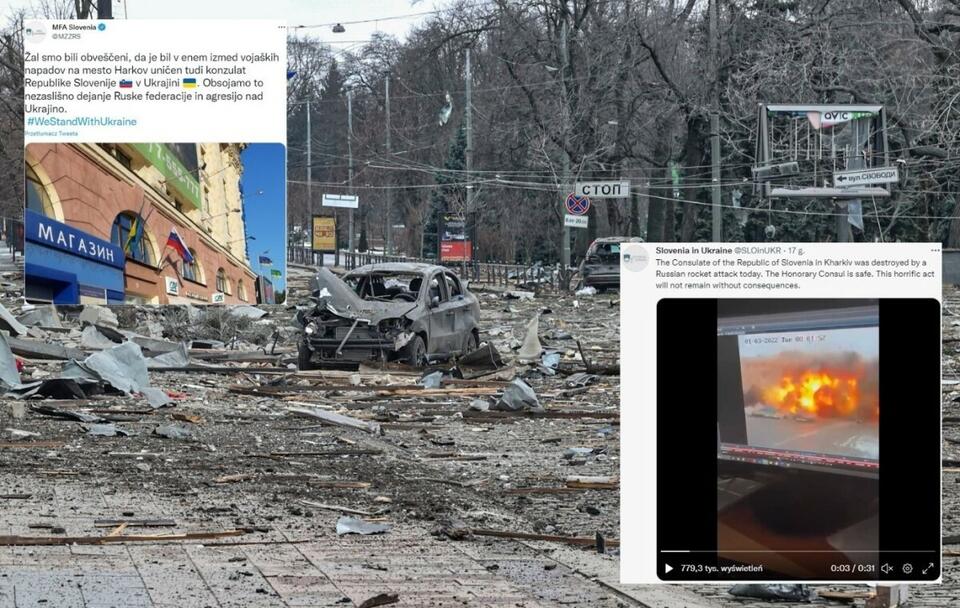 Słoweński konsulat w Charkowie zniszczony. Jest reakcja / autor: PAP/EPA/SERGEY DOLZHENKO; Twitter (screeny)
