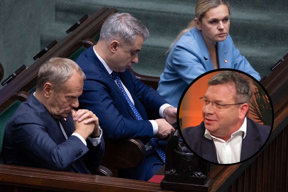 W tle premier Donald Tusk i jego ministrowie Krzysztof Gawkowski oraz Barbara Nowacka; w miniaturze poseł PiS Michał Wójcik / autor: Fratria/Telewizja wPolsce24