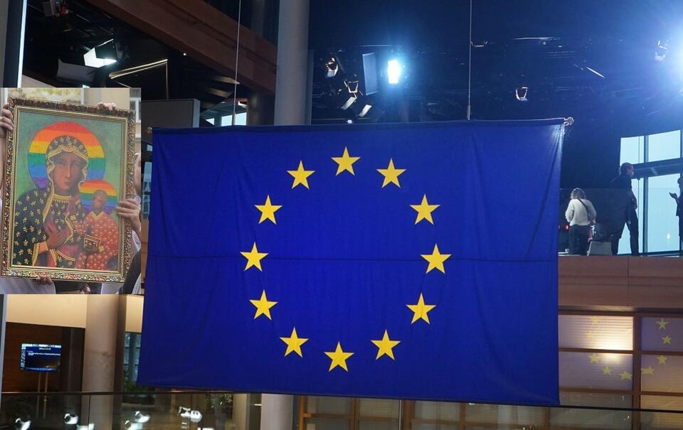 Parlament Europejski (na zdj. siedziba w Strasburgu) i obraz Matki Boskiej z domalowaną tęczową aureolą / autor: Silar, CC BY-SA 4.0 <https://creativecommons.org/licenses/by-sa/4.0>, via Wikimedia Commons/Fratria