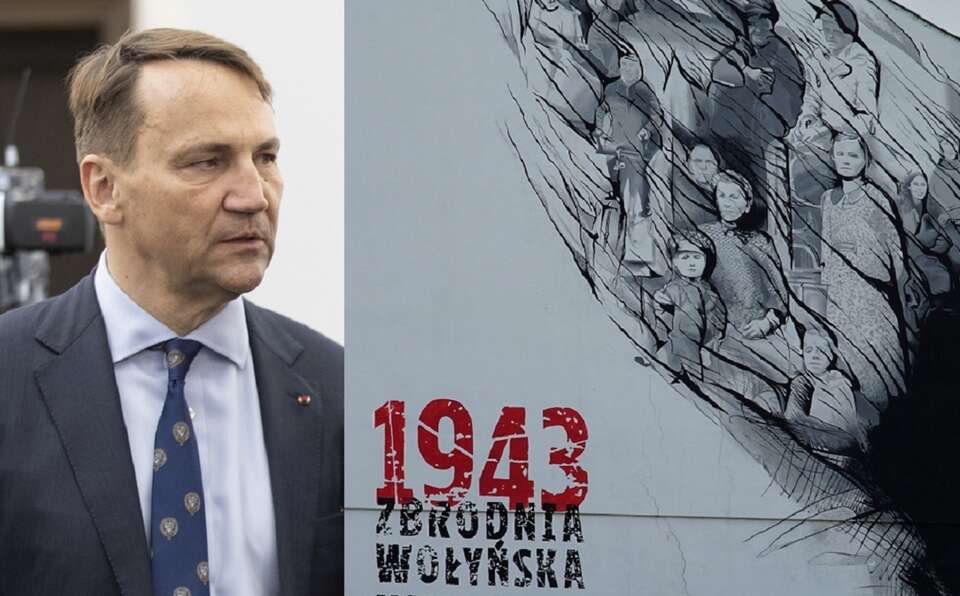 Minister Radosław Sikorski/Mural upamiętniający ofiary zbrodni wołyńskiej / autor: Fratria